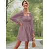 image:imageLYANER Womens Square Neck Off The Shoulder Tie Back Elastic Waist Long Sleeve Ruffle Hem Short Mini DressDusty Purple