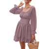 image:imageLYANER Womens Square Neck Off The Shoulder Tie Back Elastic Waist Long Sleeve Ruffle Hem Short Mini DressDusty Purple