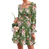 image:imageLYANER Womens Square Neck Off The Shoulder Tie Back Elastic Waist Long Sleeve Ruffle Hem Short Mini DressFloral Dark Green