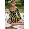 image:imageLYANER Womens Square Neck Off The Shoulder Tie Back Elastic Waist Long Sleeve Ruffle Hem Short Mini DressFloral Green