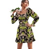 image:imageLYANER Womens Square Neck Off The Shoulder Tie Back Elastic Waist Long Sleeve Ruffle Hem Short Mini DressFloral Green