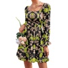 image:imageLYANER Womens Square Neck Off The Shoulder Tie Back Elastic Waist Long Sleeve Ruffle Hem Short Mini DressFloral Green