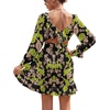 image:imageLYANER Womens Square Neck Off The Shoulder Tie Back Elastic Waist Long Sleeve Ruffle Hem Short Mini DressFloral Green