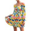 image:imageLYANER Womens Square Neck Off The Shoulder Tie Back Elastic Waist Long Sleeve Ruffle Hem Short Mini DressFloral Multicolored