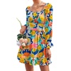 image:imageLYANER Womens Square Neck Off The Shoulder Tie Back Elastic Waist Long Sleeve Ruffle Hem Short Mini DressFloral Multicolored