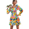 image:imageLYANER Womens Square Neck Off The Shoulder Tie Back Elastic Waist Long Sleeve Ruffle Hem Short Mini DressFloral Multicolored