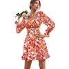 image:imageLYANER Womens Square Neck Off The Shoulder Tie Back Elastic Waist Long Sleeve Ruffle Hem Short Mini DressFloral Red