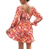 image:imageLYANER Womens Square Neck Off The Shoulder Tie Back Elastic Waist Long Sleeve Ruffle Hem Short Mini DressFloral Red
