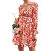 image:imageLYANER Womens Square Neck Off The Shoulder Tie Back Elastic Waist Long Sleeve Ruffle Hem Short Mini DressFloral Red