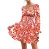 image:imageLYANER Womens Square Neck Off The Shoulder Tie Back Elastic Waist Long Sleeve Ruffle Hem Short Mini DressFloral Red