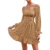 image:imageLYANER Womens Square Neck Off The Shoulder Tie Back Elastic Waist Long Sleeve Ruffle Hem Short Mini DressLeopard Brown