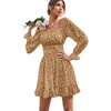 image:imageLYANER Womens Square Neck Off The Shoulder Tie Back Elastic Waist Long Sleeve Ruffle Hem Short Mini DressLeopard Brown