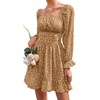 image:imageLYANER Womens Square Neck Off The Shoulder Tie Back Elastic Waist Long Sleeve Ruffle Hem Short Mini DressLeopard Brown