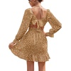 image:imageLYANER Womens Square Neck Off The Shoulder Tie Back Elastic Waist Long Sleeve Ruffle Hem Short Mini DressLeopard Brown