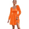 image:imageLYANER Womens Square Neck Off The Shoulder Tie Back Elastic Waist Long Sleeve Ruffle Hem Short Mini DressOrange
