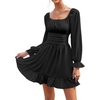 image:imageLYANER Womens Square Neck Off The Shoulder Tie Back Elastic Waist Long Sleeve Ruffle Hem Short Mini DressSolid Black
