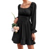 image:imageLYANER Womens Square Neck Off The Shoulder Tie Back Elastic Waist Long Sleeve Ruffle Hem Short Mini DressSolid Black