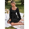 image:imageLYANER Womens Square Neck Off The Shoulder Tie Back Elastic Waist Long Sleeve Ruffle Hem Short Mini DressSolid Black