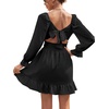 image:imageLYANER Womens Square Neck Off The Shoulder Tie Back Elastic Waist Long Sleeve Ruffle Hem Short Mini DressSolid Black