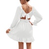 image:imageLYANER Womens Square Neck Off The Shoulder Tie Back Elastic Waist Long Sleeve Ruffle Hem Short Mini DressSolid White