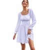 image:imageLYANER Womens Square Neck Off The Shoulder Tie Back Elastic Waist Long Sleeve Ruffle Hem Short Mini DressViolet