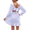 image:imageLYANER Womens Square Neck Off The Shoulder Tie Back Elastic Waist Long Sleeve Ruffle Hem Short Mini DressViolet