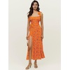 image:imageLYANER Womens Tie Shoulder Strap Square Neck Sleeveless Tie Waist Side Split Slit Printed Midi DressOrange