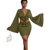 image:imageLYANER Women 2 Piece Vacation Outfits Tie Knot Front Bell Long Sleeve Crop Top and Mini Skirt Summer SetArmy Green