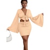 image:imageLYANER Women 2 Piece Vacation Outfits Tie Knot Front Bell Long Sleeve Crop Top and Mini Skirt Summer SetBeige