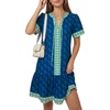 image:imageLYANER Womens Boho Print Tie V Neck Short Sleeve Ruched Ruffle Casual Mini DressDark Blue