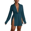image:imageLYANER Womens Button Down Shirt Dress Collared Long Sleeve Sexy Tops Slit Hem Long ShirtsTeal Blue