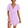 image:imageLYANER Womens Deep V Neck Short Sleeve Ruffle Layer Wrap Tie Waist Swing Mini DressPale Purple