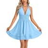 image:imageLYANER Womens Halter Deep V Neck Backless Ruffle A Line Sleeveless Shirred Sexy Mini DressBlue