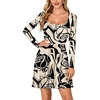 image:imageLYANER Womens Long Sleeve Mini Dress Loose Casual Empire Waist Above Knee Length DressesChampagne Print