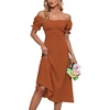image:imageLYANER Womens Off Shoulder Wrap Ruffle Puff Short Sleeve Ruched Tie Back DressMocha