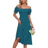 image:imageLYANER Womens Off Shoulder Wrap Ruffle Puff Short Sleeve Ruched Tie Back DressTeal Blue