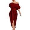 image:imageLYANER Womens One Off The Shoulder Ruched Wrap Front Split Hem Draped Party Midi DressBurgundy