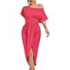 image:imageLYANER Womens One Off The Shoulder Ruched Wrap Front Split Hem Draped Party Midi DressRose Red