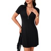 image:imageLYANER Womens Sexy Zipper Front V Neck Mini Dress Casual Low Cut Short Sleeve Ruffle A Line Short DressesBlack