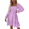 image:imageLYANER Womens Square Neck Lantern Long Sleeve Shirred Ruffle A Line Flowy Party Mini DressLight Purple