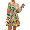 image:imageLYANER Womens Square Neck Off The Shoulder Tie Back Elastic Waist Long Sleeve Ruffle Hem Short Mini DressFloral Multicolored