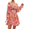 image:imageLYANER Womens Square Neck Off The Shoulder Tie Back Elastic Waist Long Sleeve Ruffle Hem Short Mini DressFloral Red