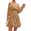 image:imageLYANER Womens Square Neck Off The Shoulder Tie Back Elastic Waist Long Sleeve Ruffle Hem Short Mini DressLeopard Brown