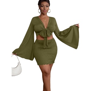 image:imageLYANER Women 2 Piece Vacation Outfits Tie Knot Front Bell Long Sleeve Crop Top and Mini Skirt Summer SetArmy Green