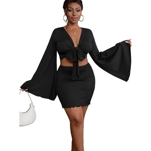 image:imageLYANER Women 2 Piece Vacation Outfits Tie Knot Front Bell Long Sleeve Crop Top and Mini Skirt Summer SetBlack
