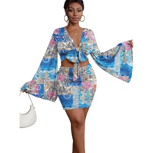 image:imageLYANER Women 2 Piece Vacation Outfits Tie Knot Front Bell Long Sleeve Crop Top and Mini Skirt Summer SetBlue