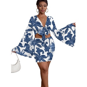 image:imageLYANER Women 2 Piece Vacation Outfits Tie Knot Front Bell Long Sleeve Crop Top and Mini Skirt Summer SetBlue Print