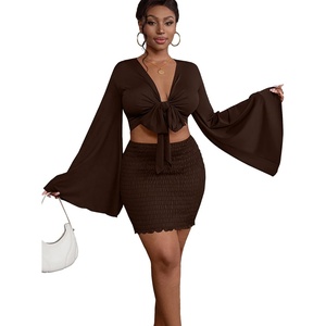 image:imageLYANER Women 2 Piece Vacation Outfits Tie Knot Front Bell Long Sleeve Crop Top and Mini Skirt Summer SetDark Brown