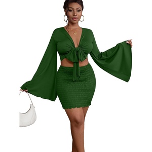 image:imageLYANER Women 2 Piece Vacation Outfits Tie Knot Front Bell Long Sleeve Crop Top and Mini Skirt Summer SetDark Green