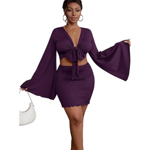 image:imageLYANER Women 2 Piece Vacation Outfits Tie Knot Front Bell Long Sleeve Crop Top and Mini Skirt Summer SetPurple